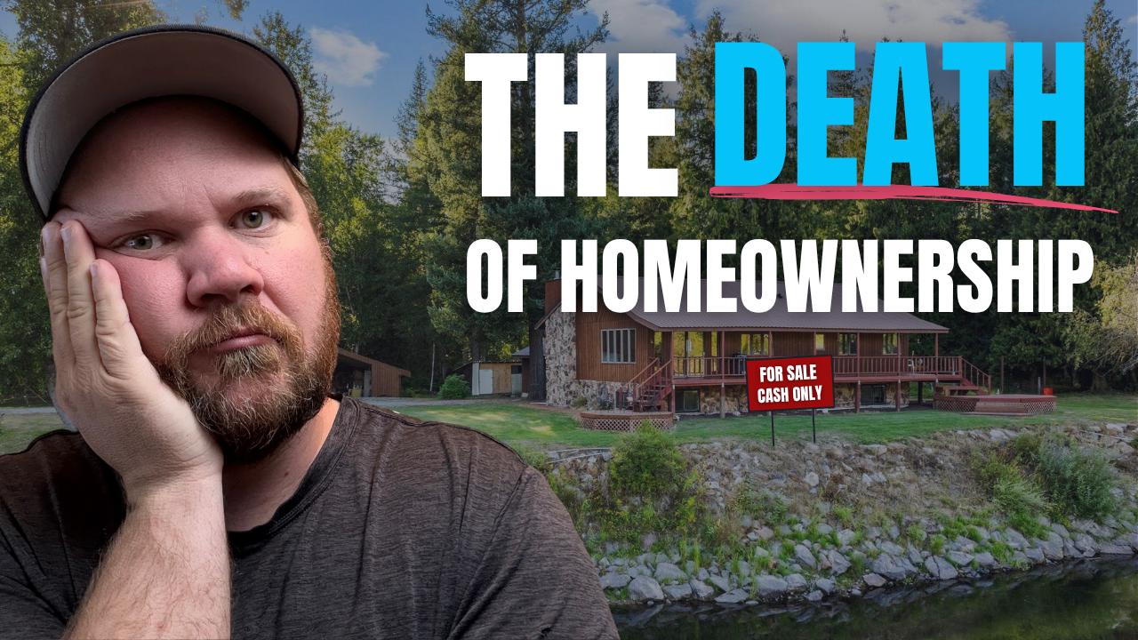 A PHOTO OF Ben Geanetta A Sandpoint REALTOR WITH THE WORDS CAPTIONED "the death of homeownership. A house along the pack river is in the background
