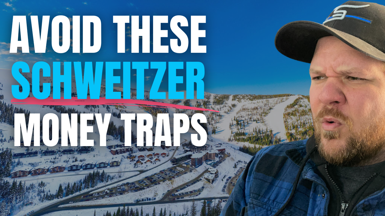 A PHOTO OF SCHWEITZER MOUNTAIN AND Ben Geanetta A REALTOR IN Sandpoint. TEXT ON THE PHOTO READS "AVOID THESE SCHWEITZER MONEY TRAPS