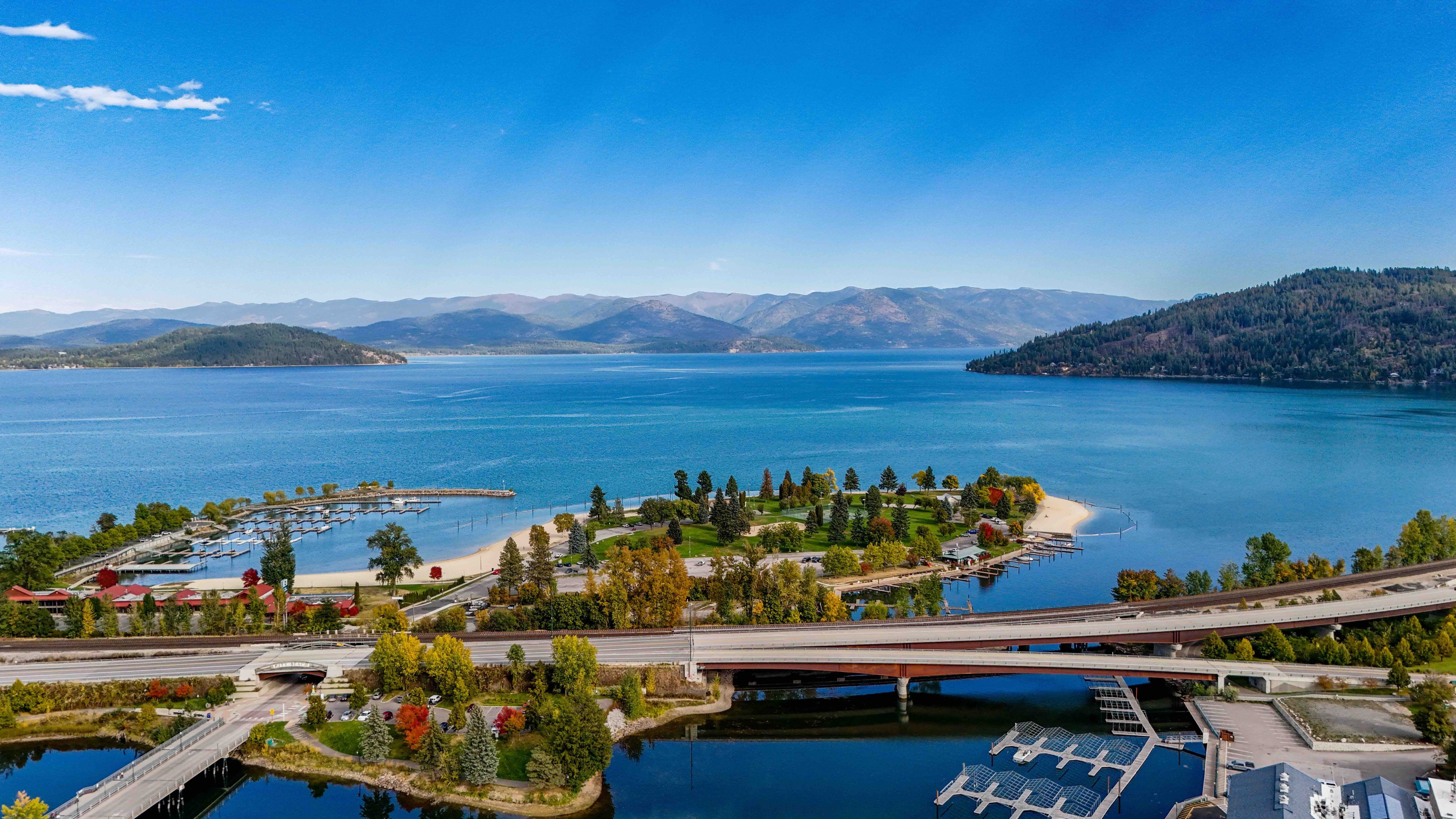 sandpoint idaho with city beach and Lake Pend Oreille in the background.