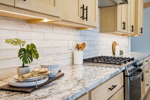 kitchen, close up of countertop with cabinets