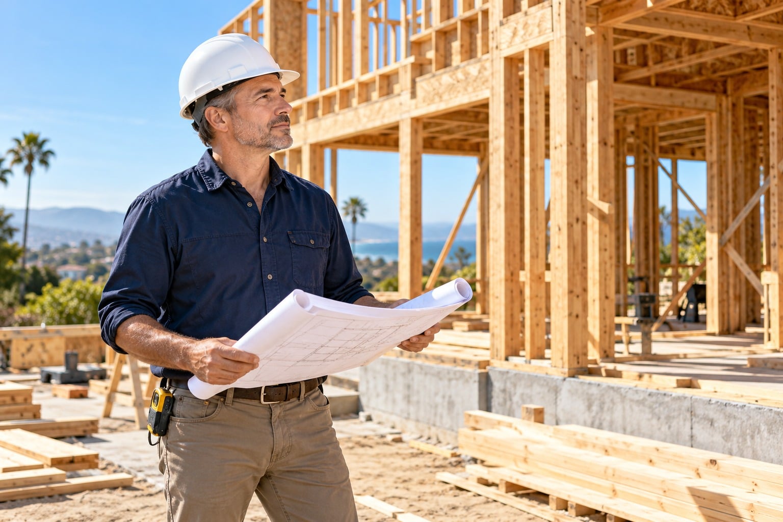 A builder in a hard hat reviewing plans at a framed new-home construction site with an ocean view