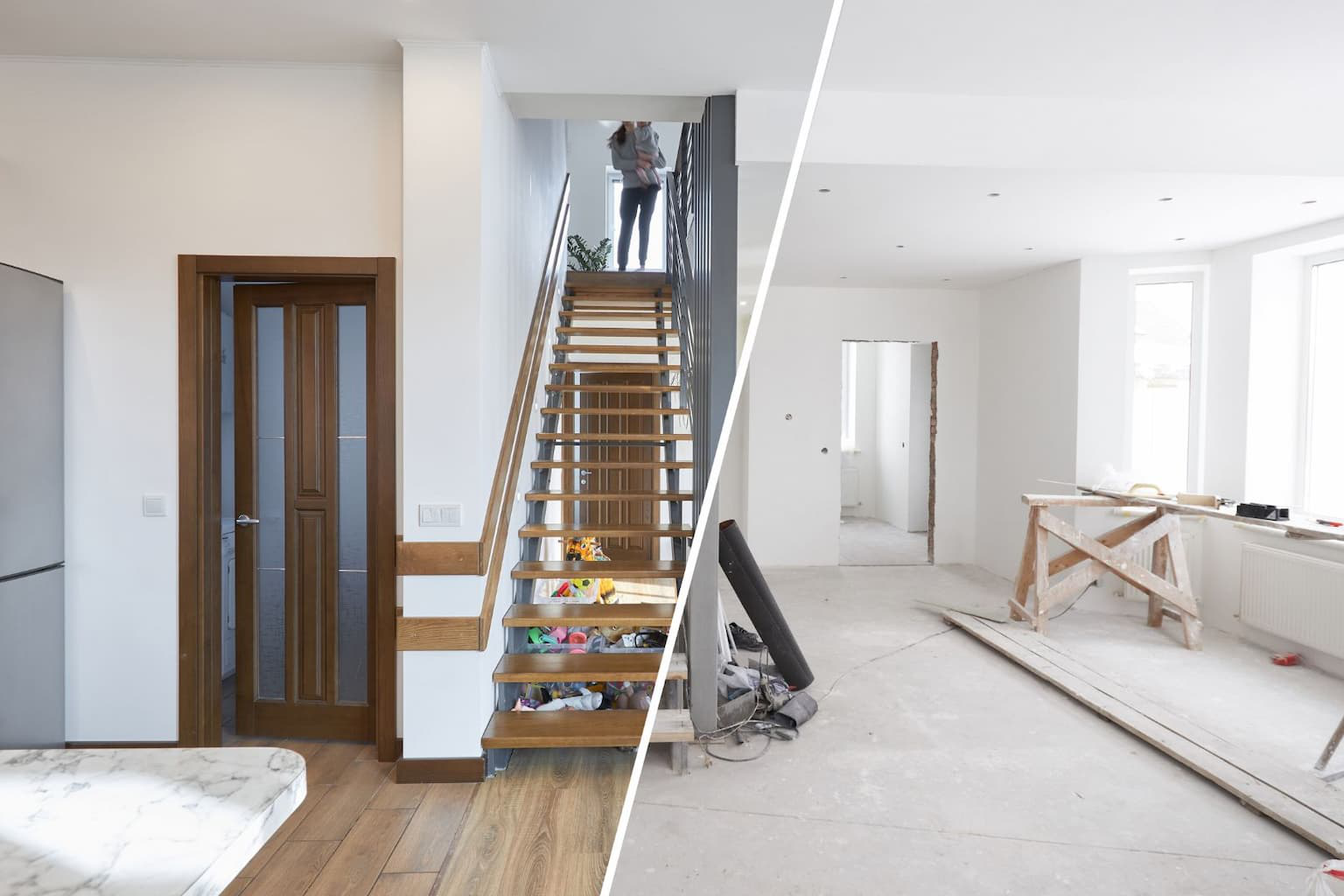 Side-by-side before and after transformation of hoarder home showing clutter to clean design