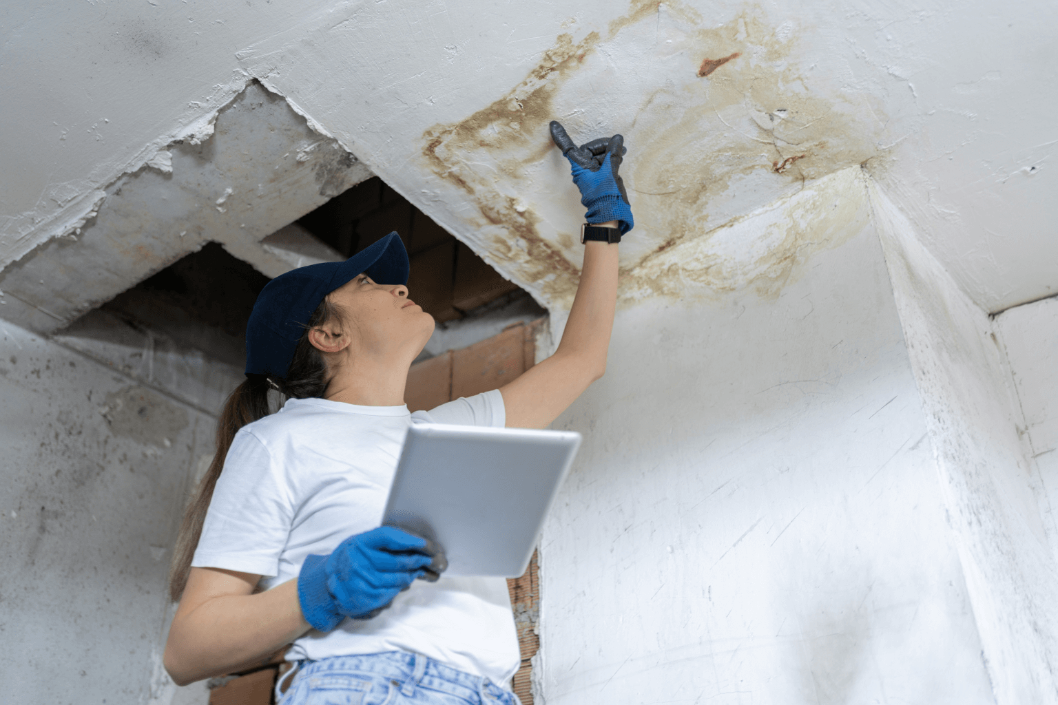 contractor inspecting the inside of a fire-damaged home
