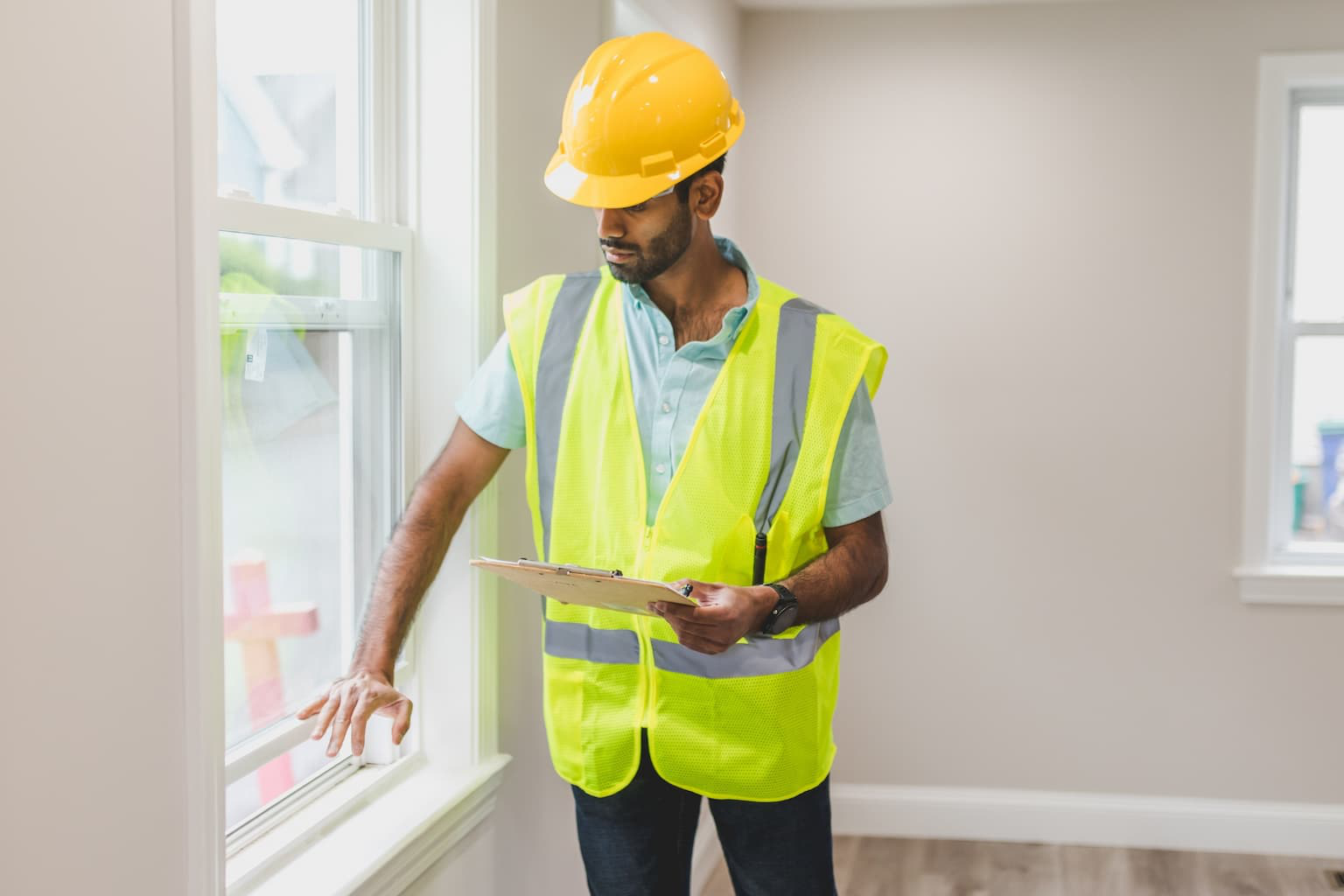 Home inspector examining interior damage in an old house