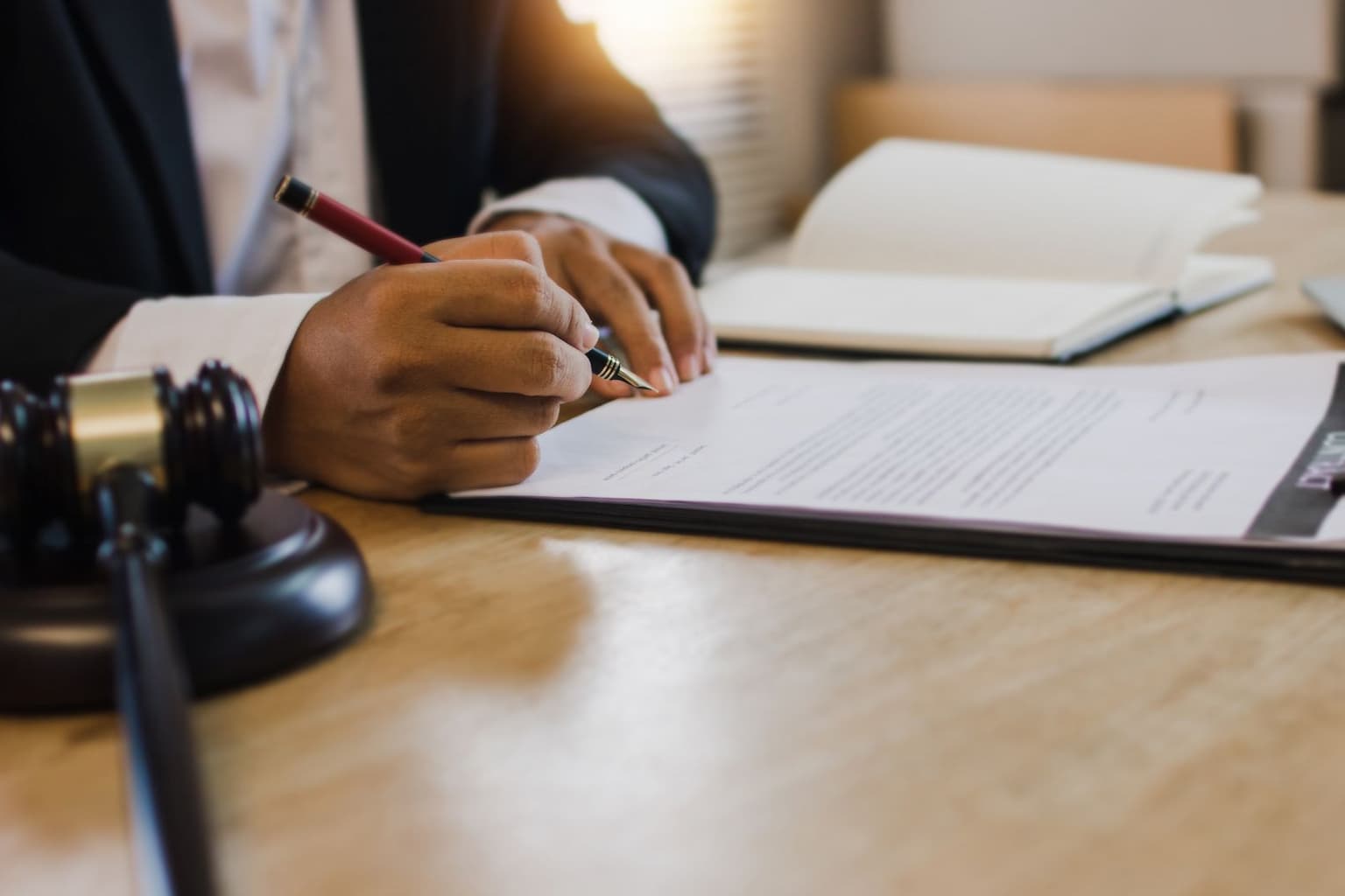 Legal documents on a desk.