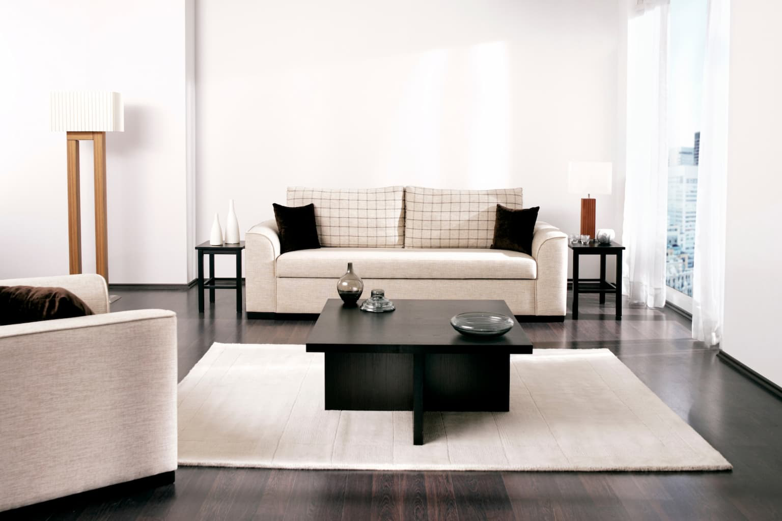 Clean and staged living room with neutral colors