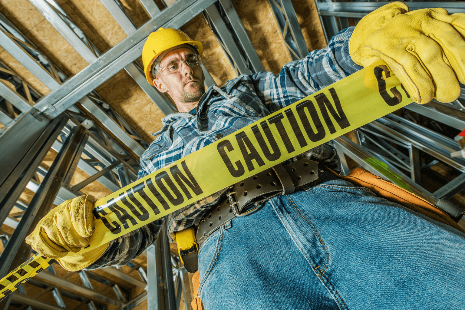 Inspector placing caution tape on unsafe home