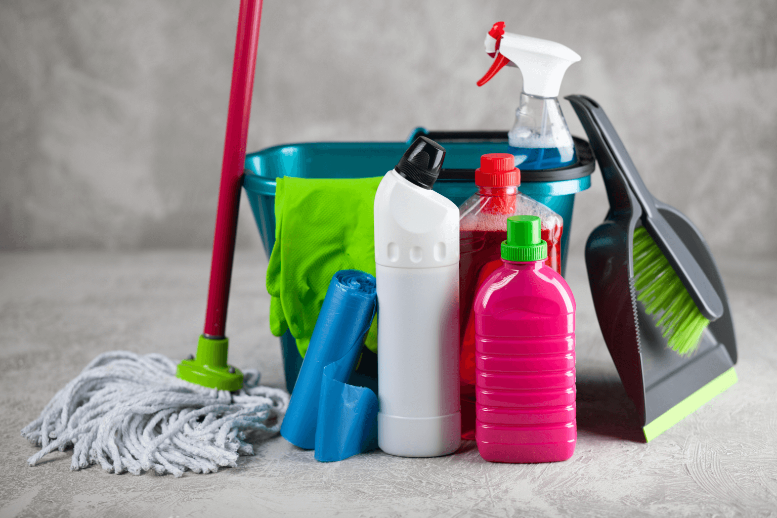 Cleaning supplies organized for hoarder house cleanup