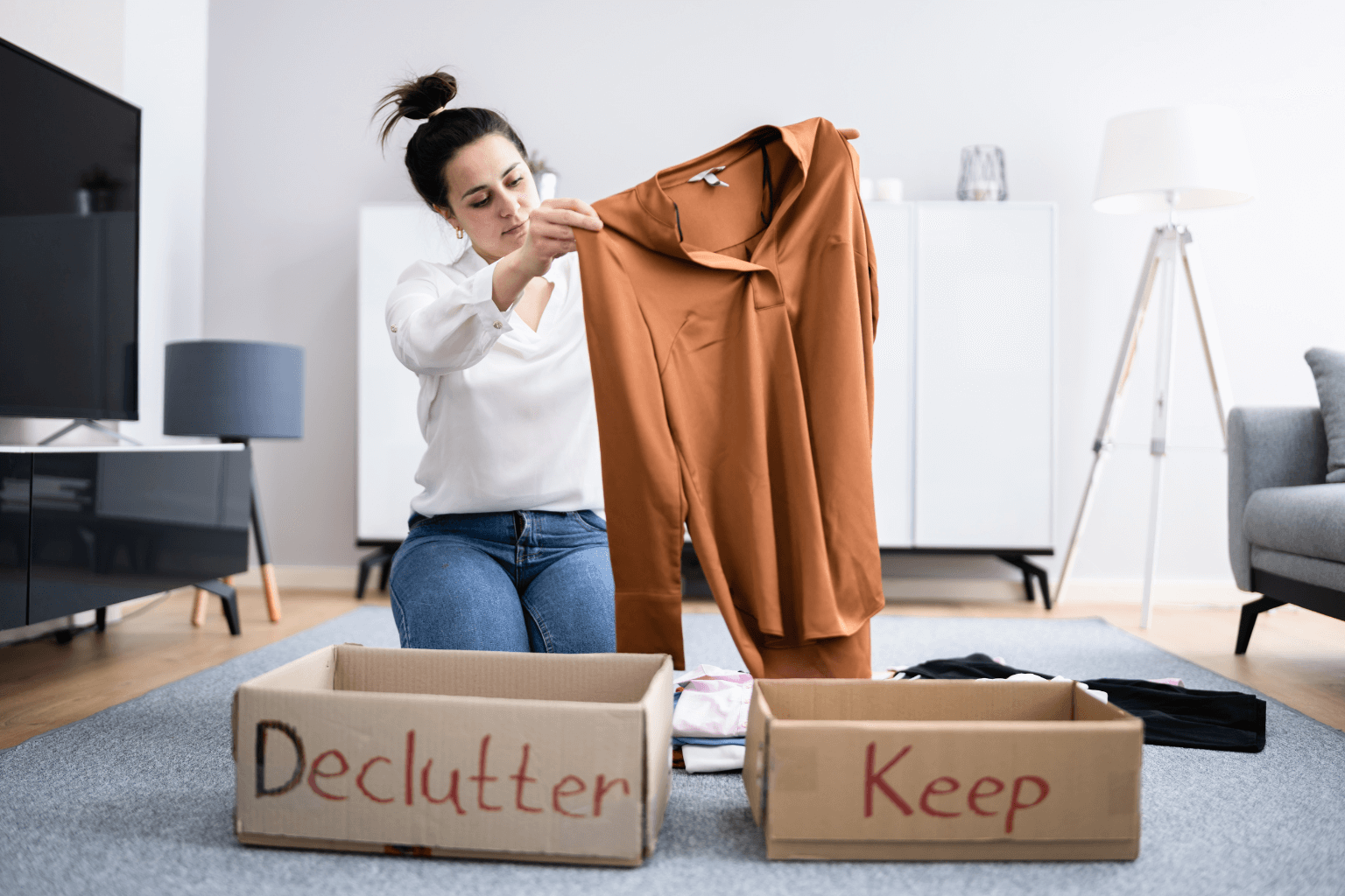 Person sorting and packing items while decluttering a hoarder house