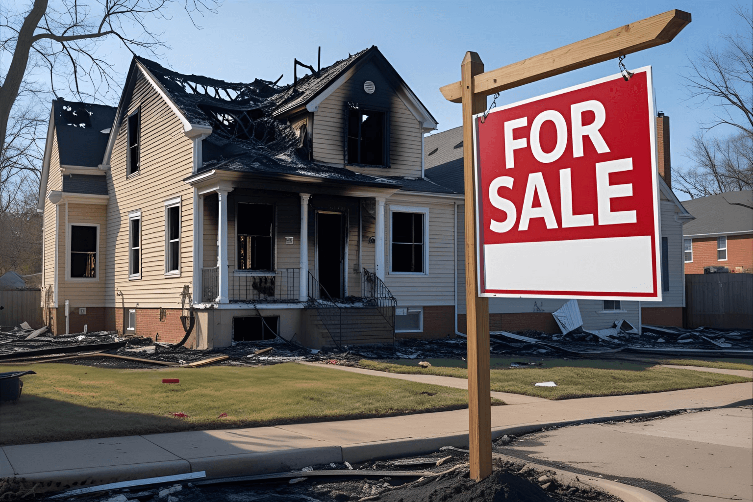 For sale sign in front of a fire-damaged property