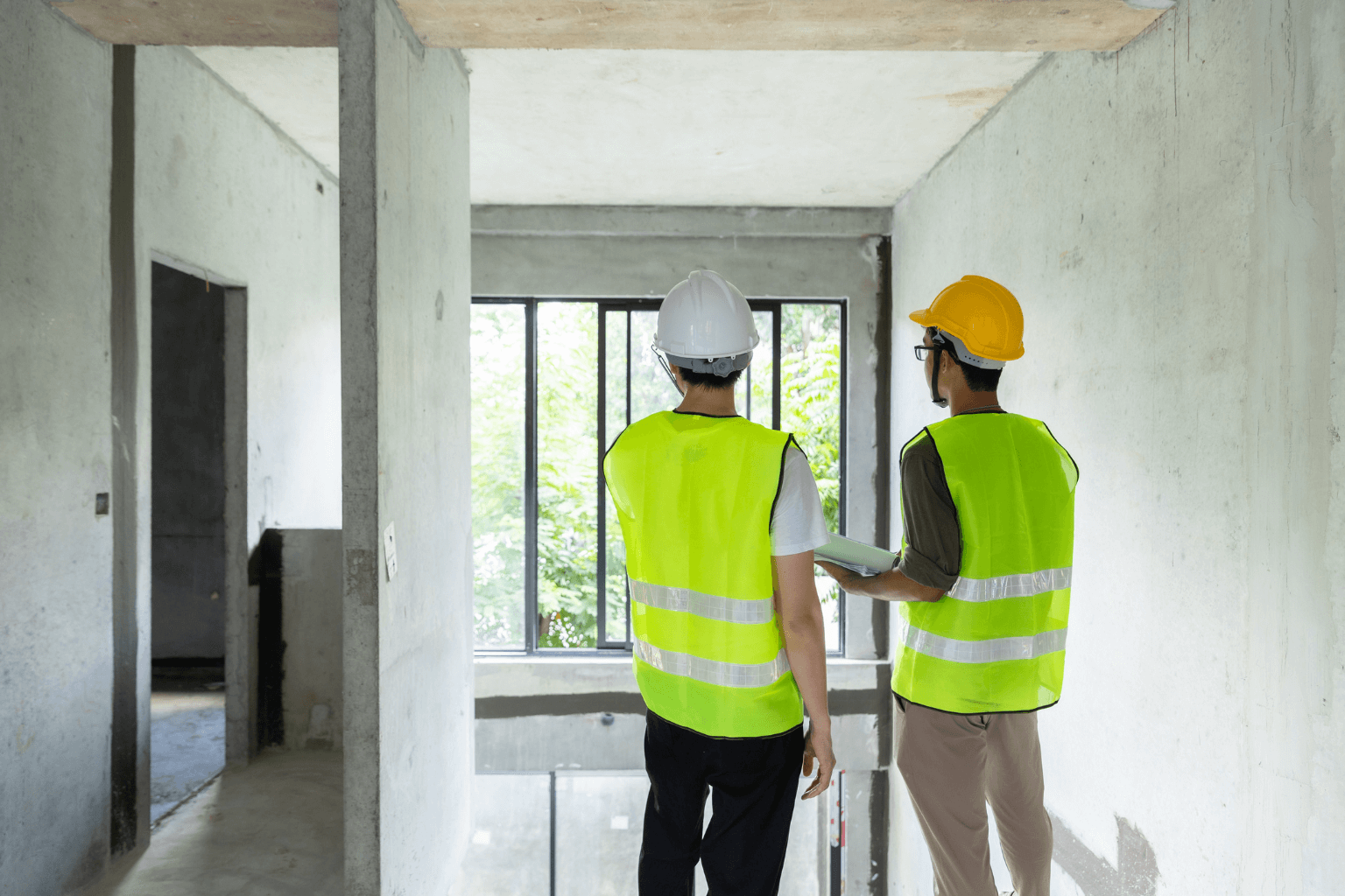 Home inspector checking walls and ceiling inside a house