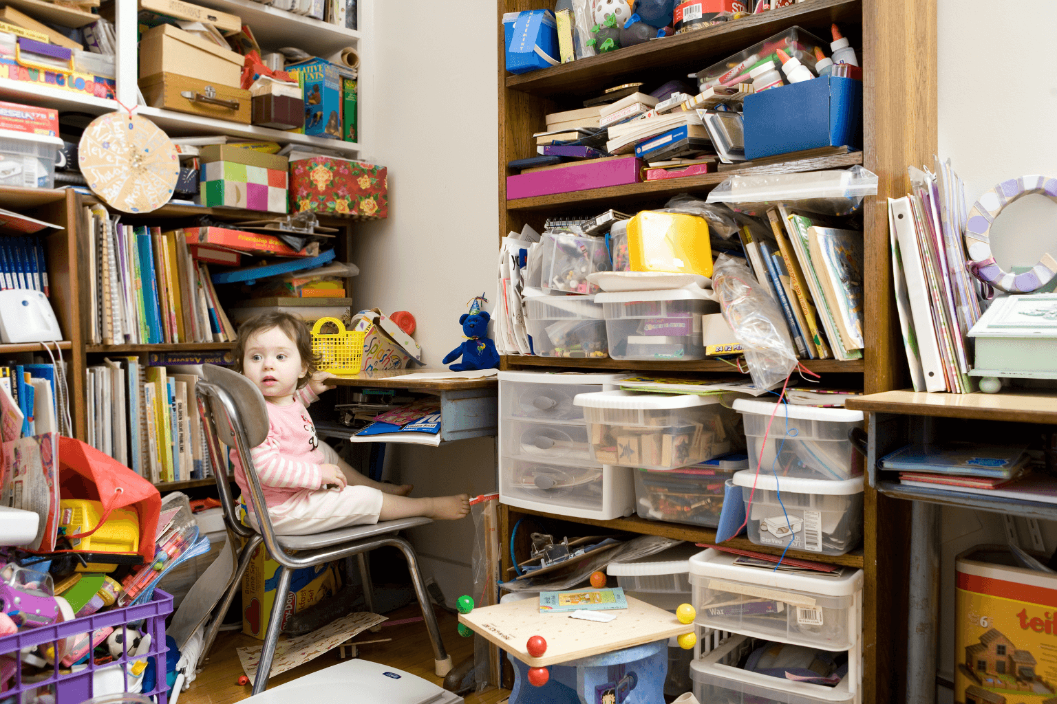 Interior of a hoarder house showing cluttered living room
