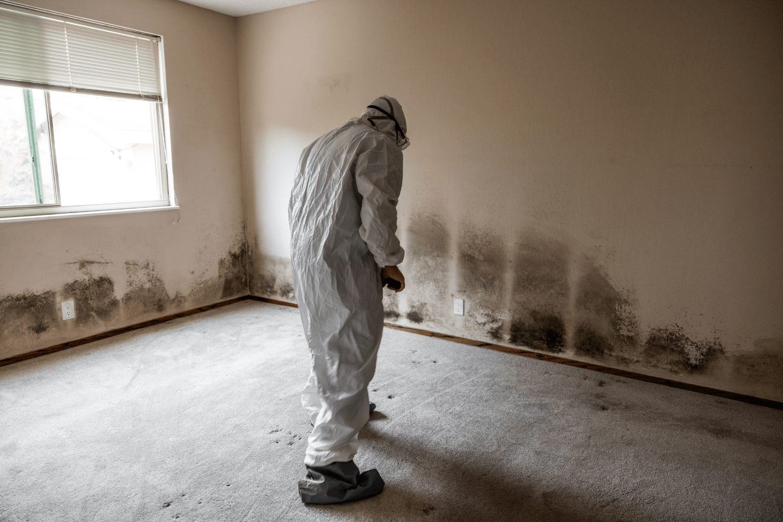 Certified mold inspector examining a damp wall