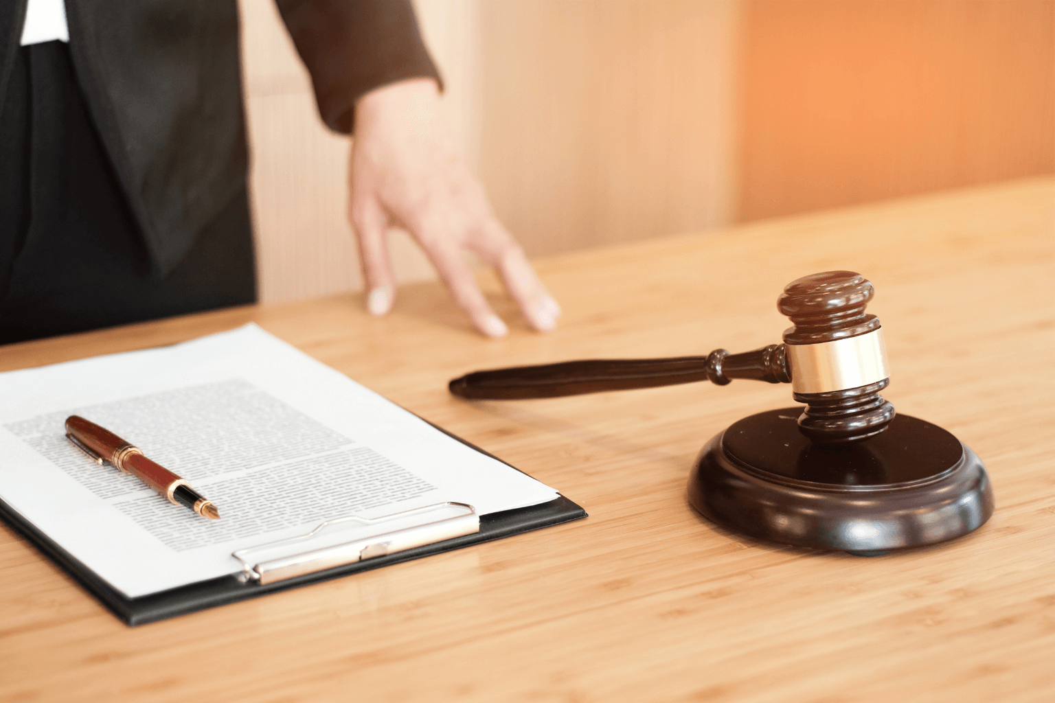 Legal documents and a gavel on a table representing tenant rights