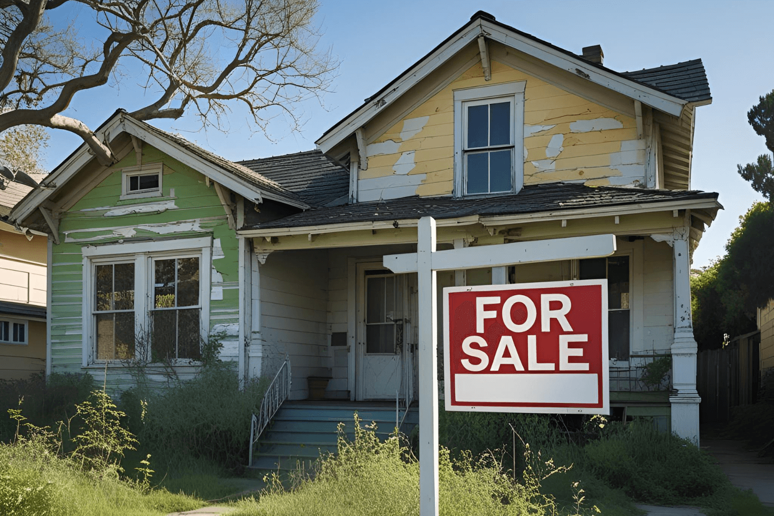 Old house in California with a for sale sign, showing it may need repairs