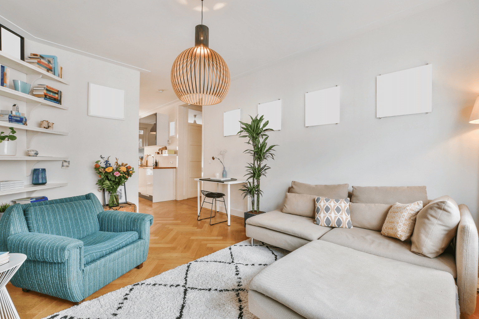 Bright and tidy living room staged for home sale