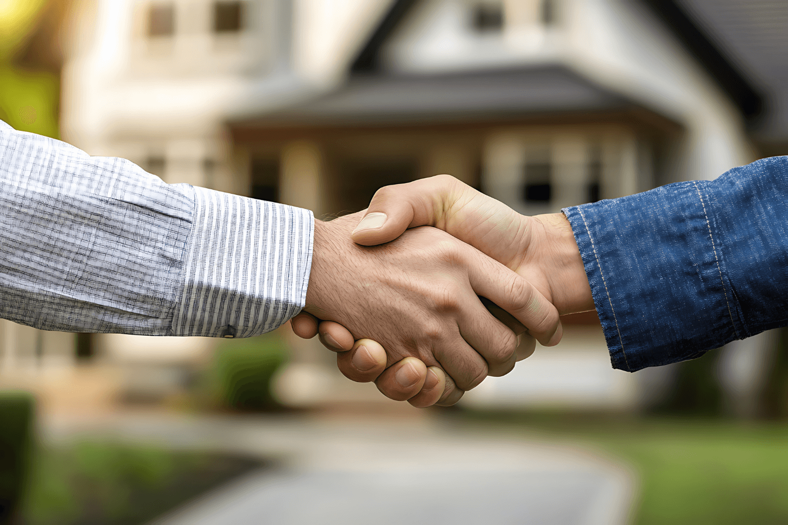Homeowner and buyer shaking hands in front of a house