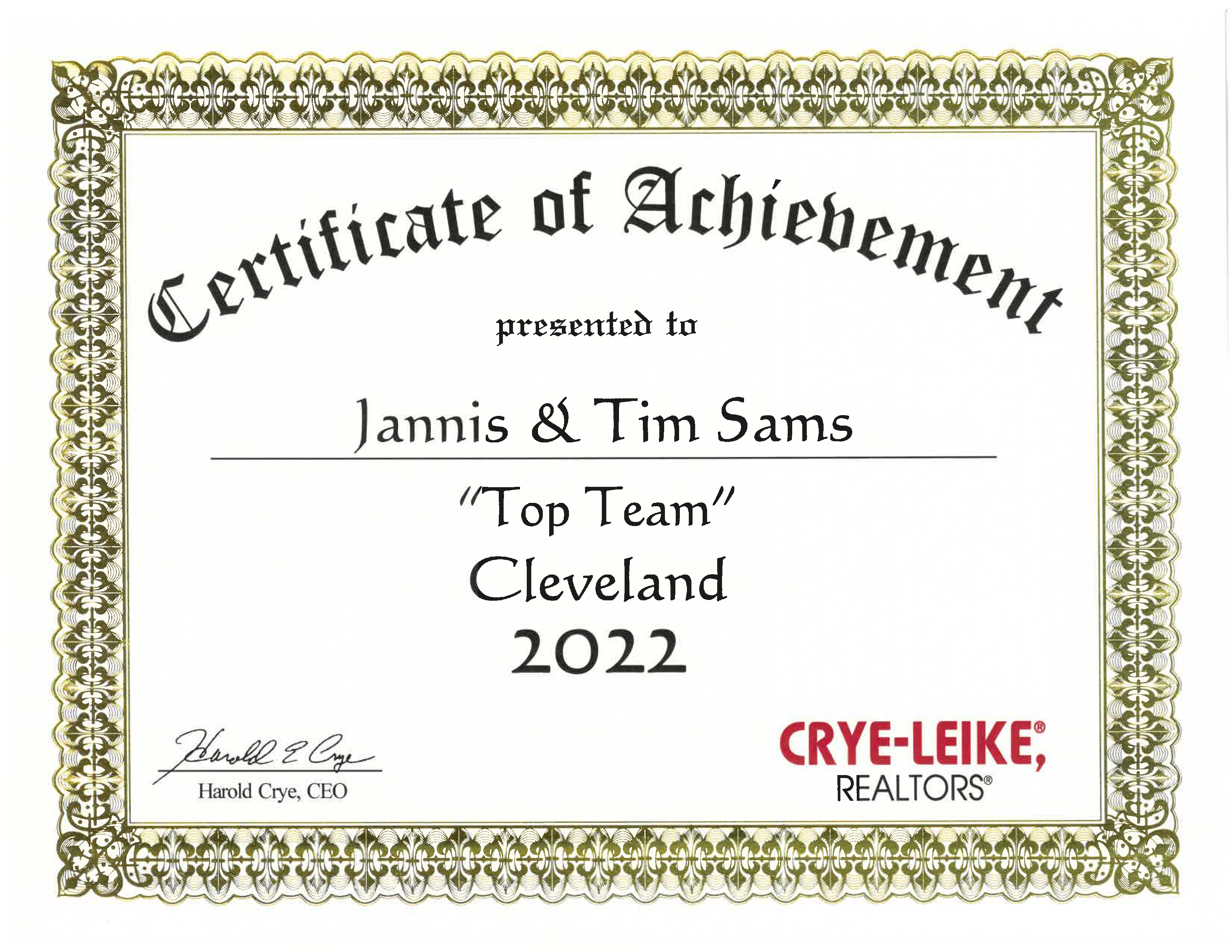 Certificate of achievement Top Team Cleveland 2022