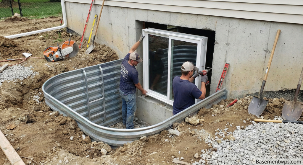 Newly-installed-basement-egress-window-with-window-well-and-drainage-system-1024x559