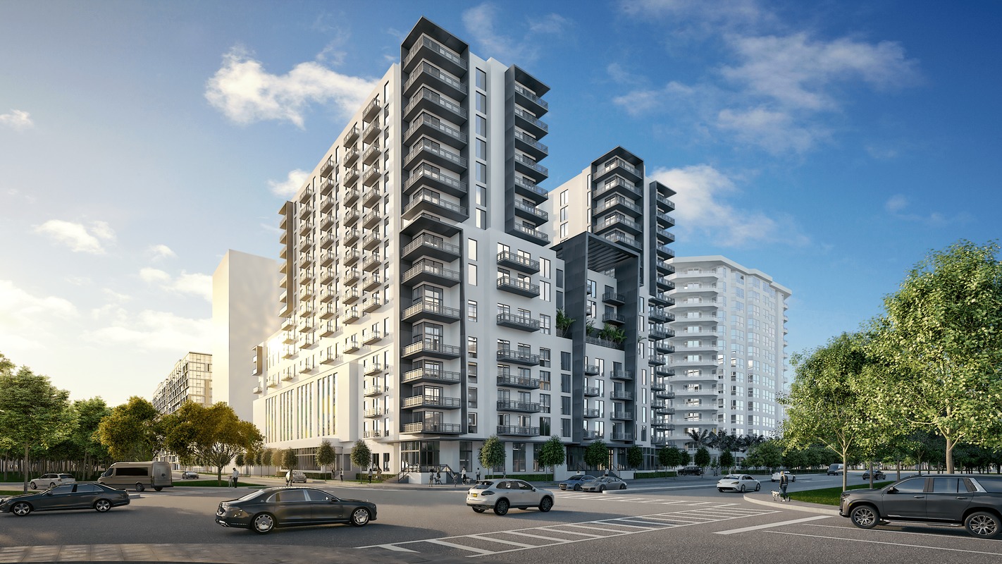 Rendering 1 – Building Exterior (Day Time) SE Corner-min