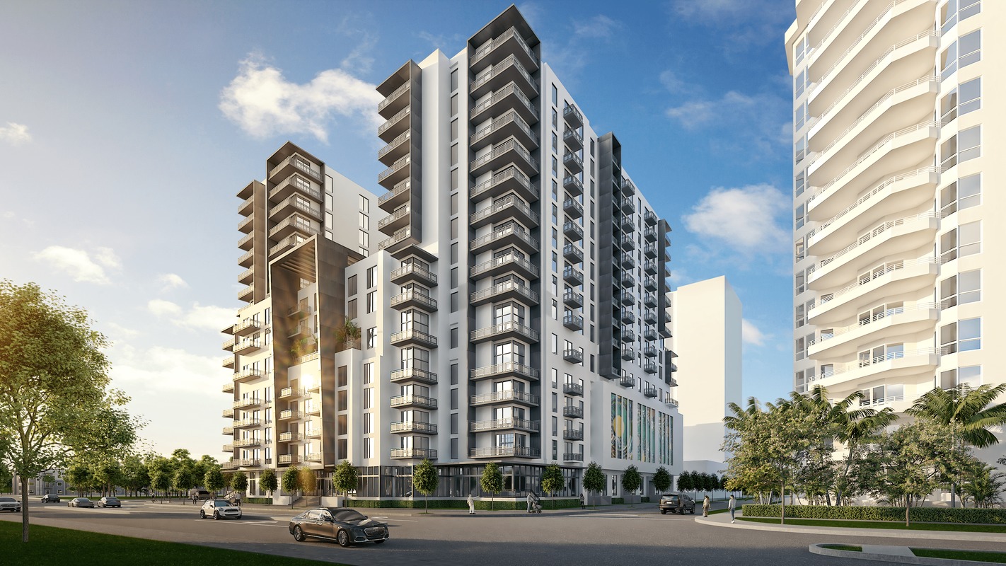 Rendering 3 – Building Exterior (Day Time) NE Corner-min