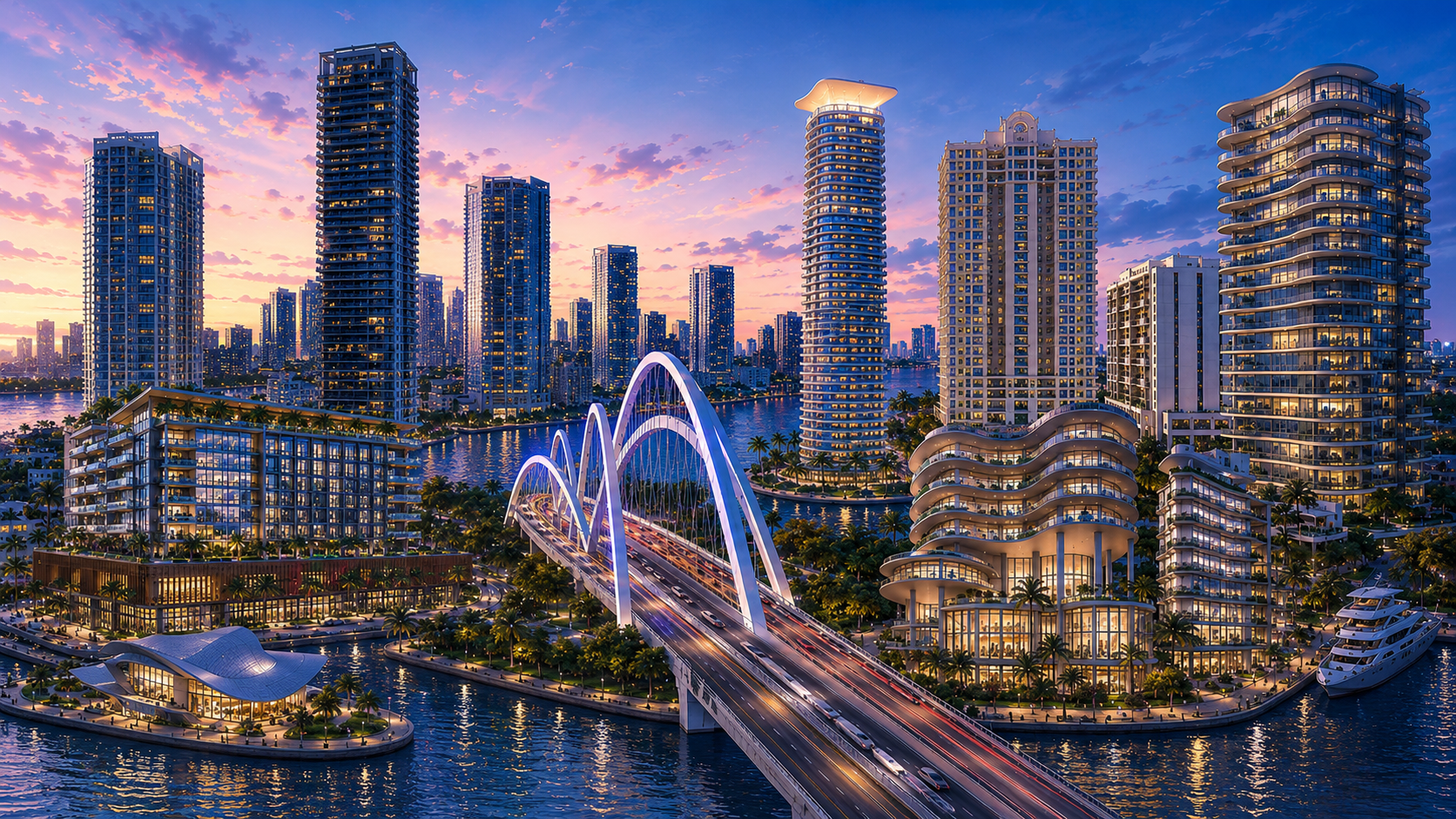 Animated luxury Miami waterfront skyline featuring modern high-rise condominium towers, a curved illuminated bridge over the water, yachts, and sunset skies in a futuristic coastal cityscape.