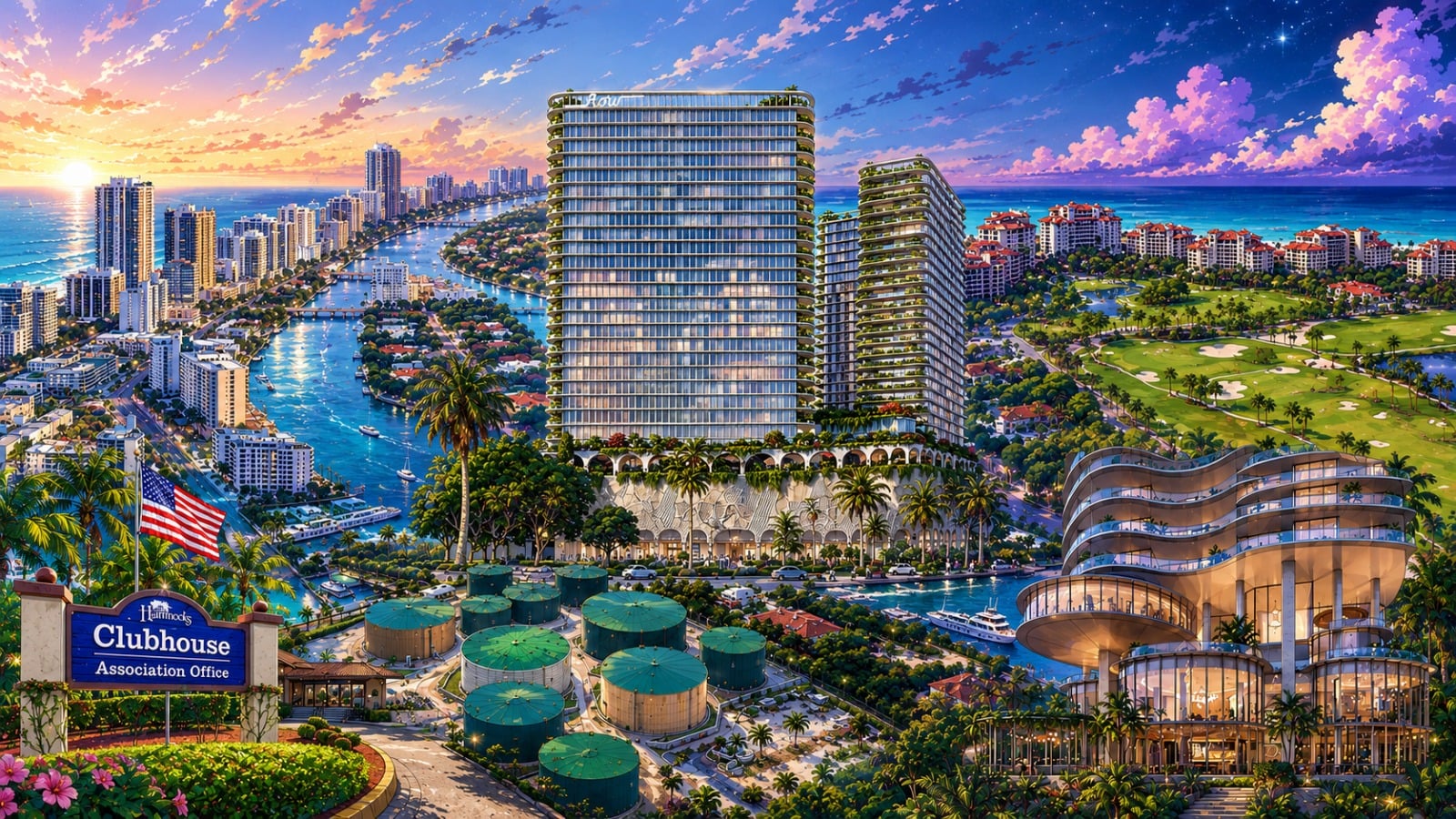 AI-generated illustration of South Florida real estate news featuring Miami waterfront towers, luxury condos, Fisher Island, and major development activity.