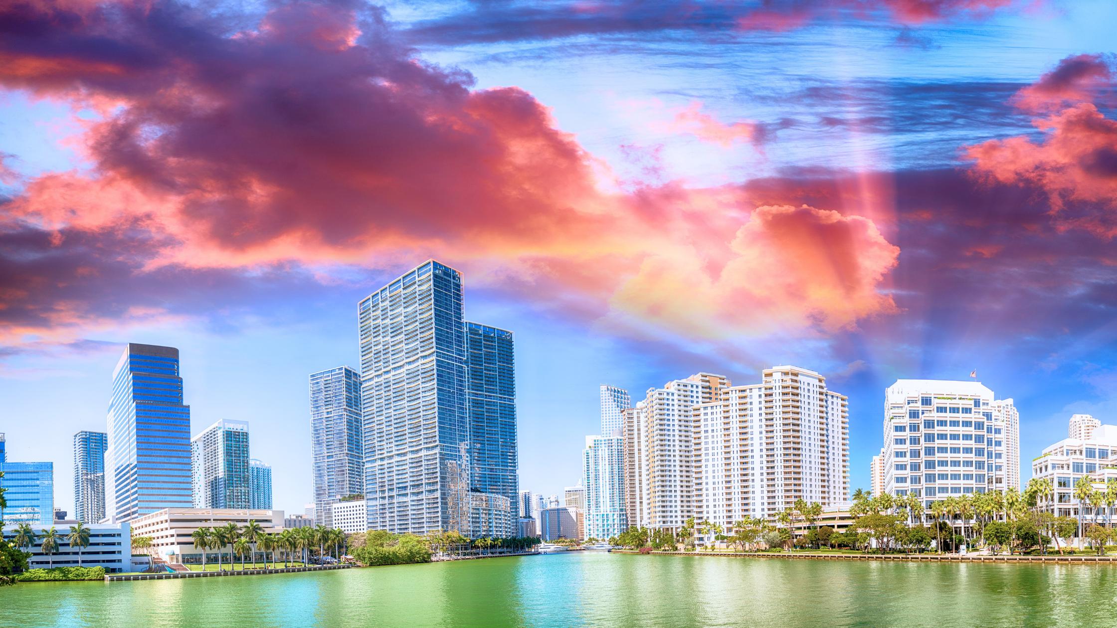 Brickell Miami skyline with waterfront condos and luxury high-rise buildings