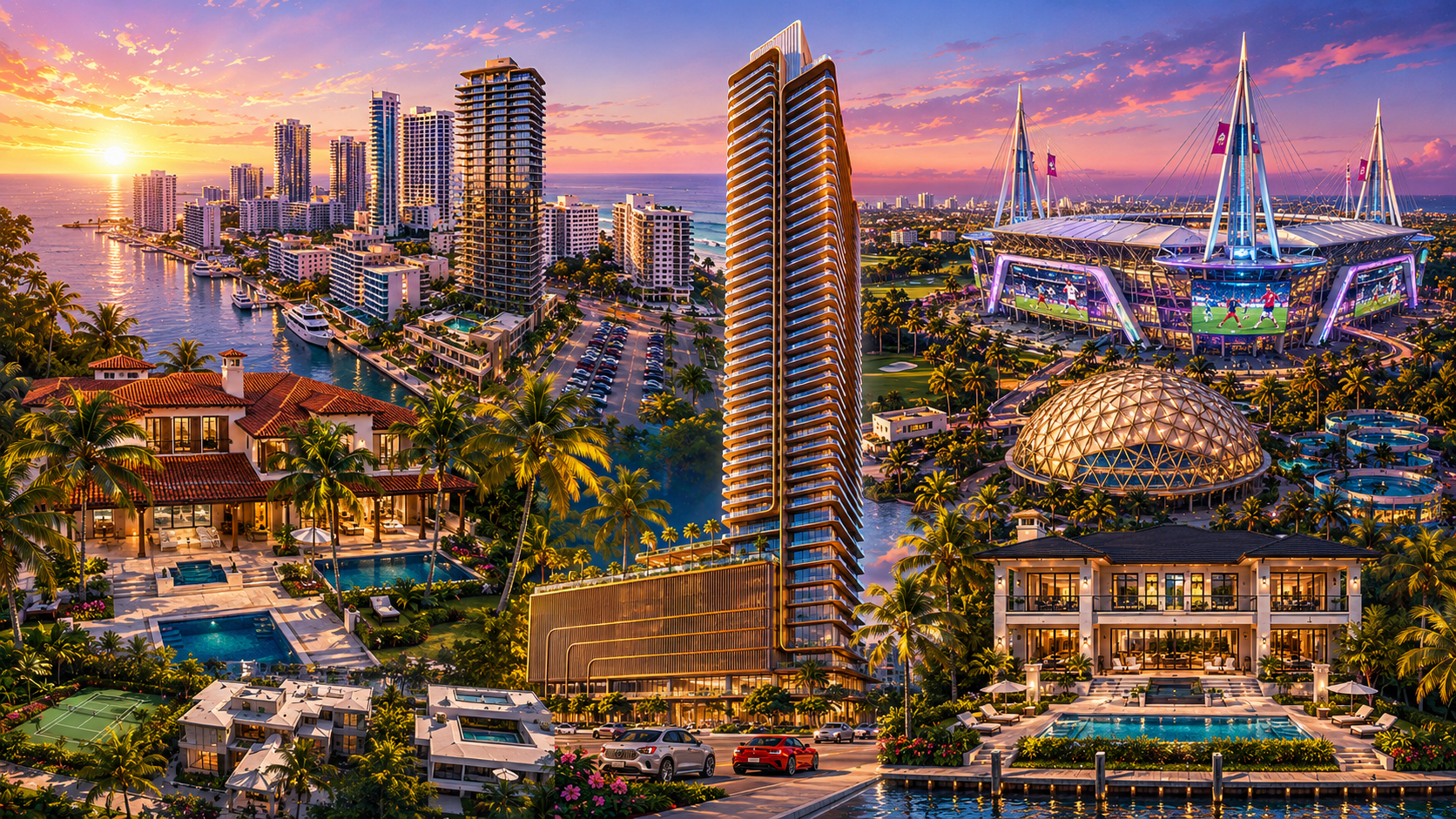 AI-generated editorial image representing July 2026 South Florida real estate news, featuring Star Island Miami Beach, the Brickell skyline, Virginia Key waterfront, Hollywood Beach, and luxury residential development activity.