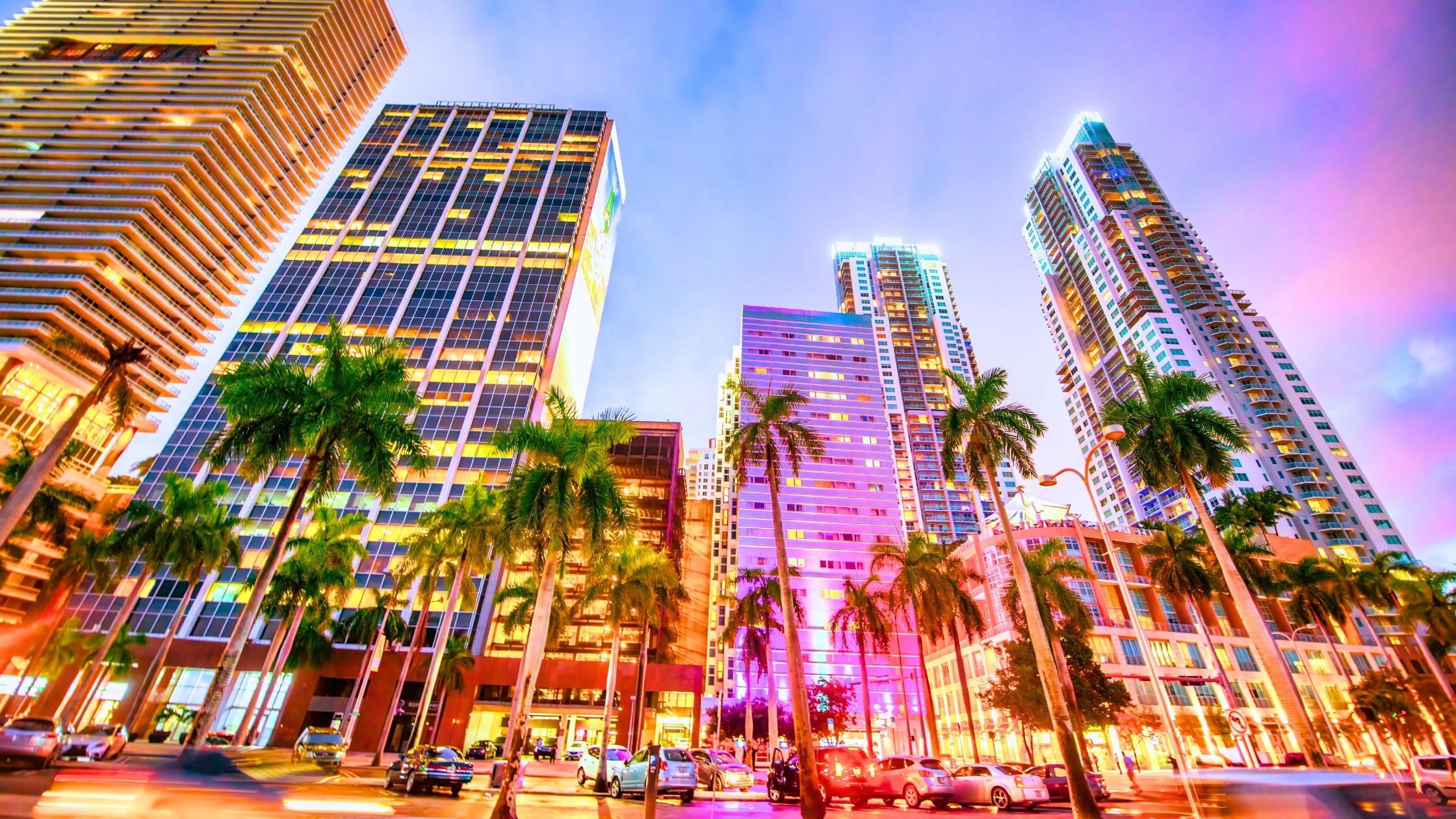MiMo District Biscayne Boulevard neon sign at dusk in Miami's Upper East Side.