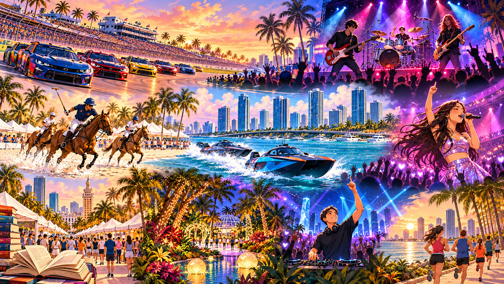 Miami Festival at Sunset and Neon Night