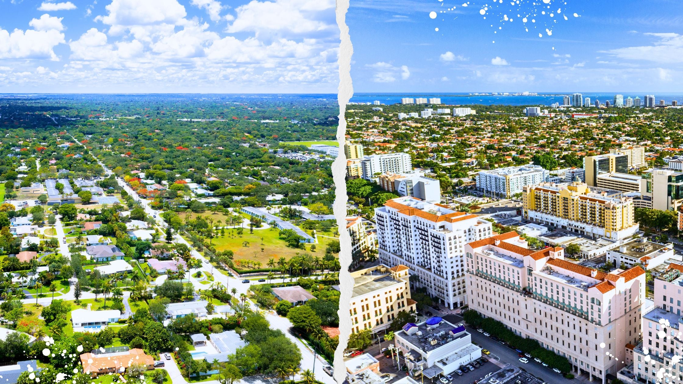 Side-by-side aerial view of Pinecrest and Coral Gables, Miami, showing the lot-size and street-grid contrast between the two neighborhoods.
