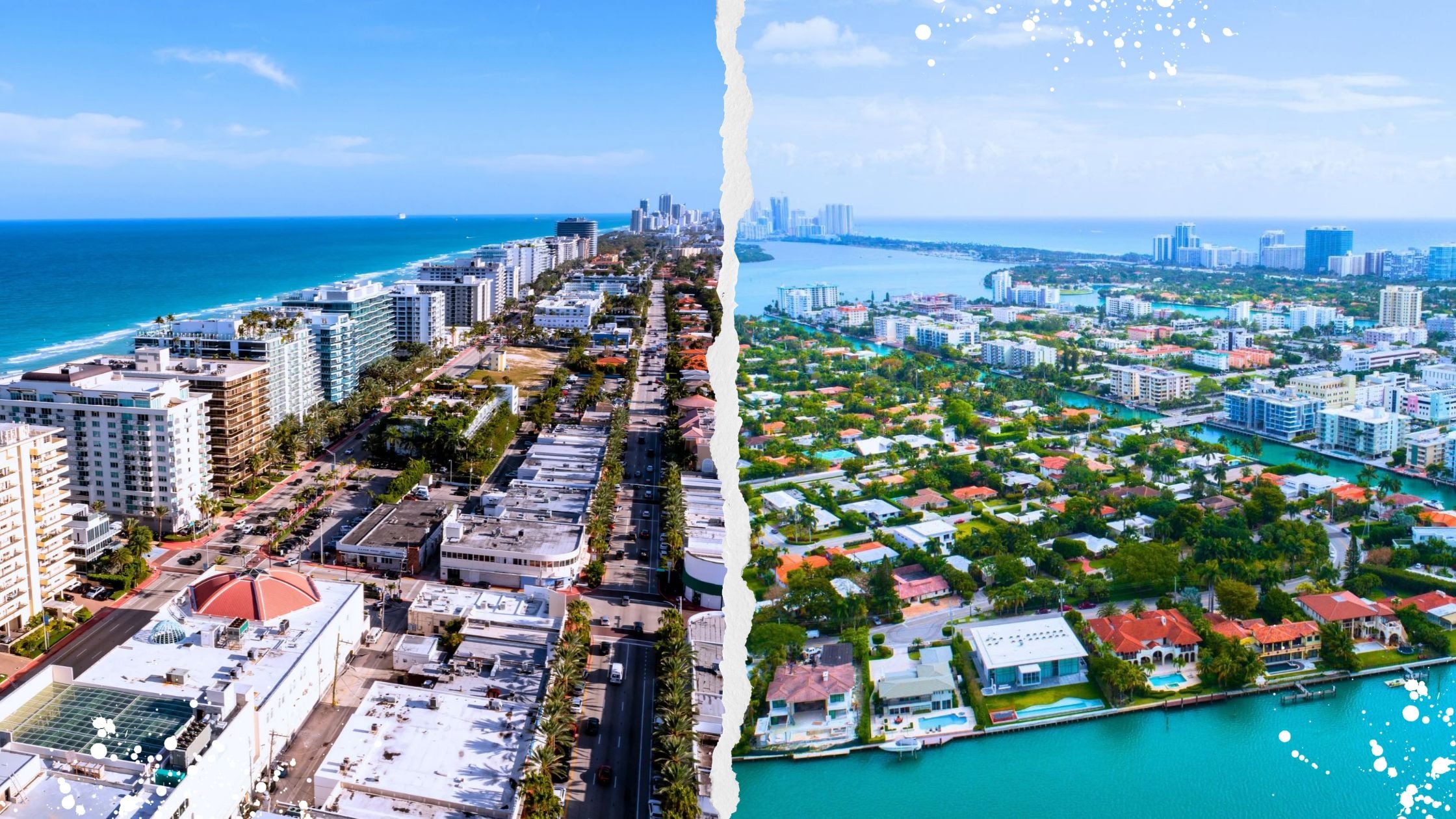 Aerial view of Surfside and Bay Harbor Islands along the Miami Beach strip, showing the Broad Causeway and oceanfront.