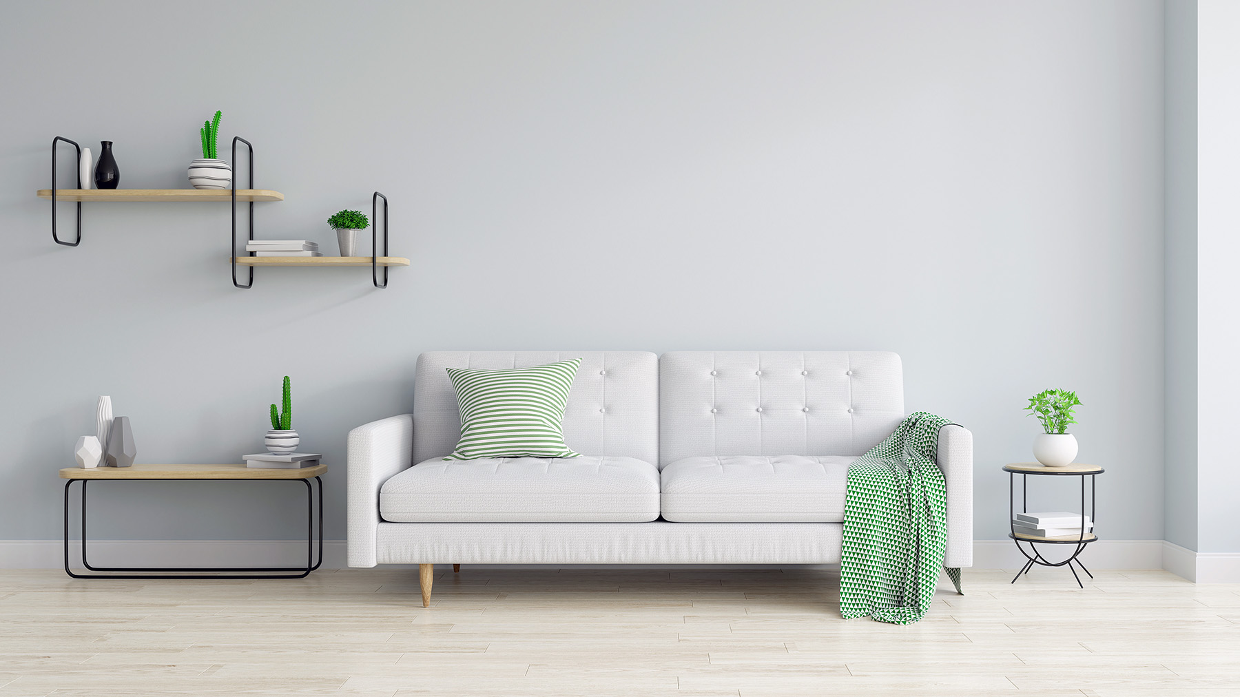 Modern and minamalist interior of living room , white sofa and wood table on white blue wall and wood floor ,3d render