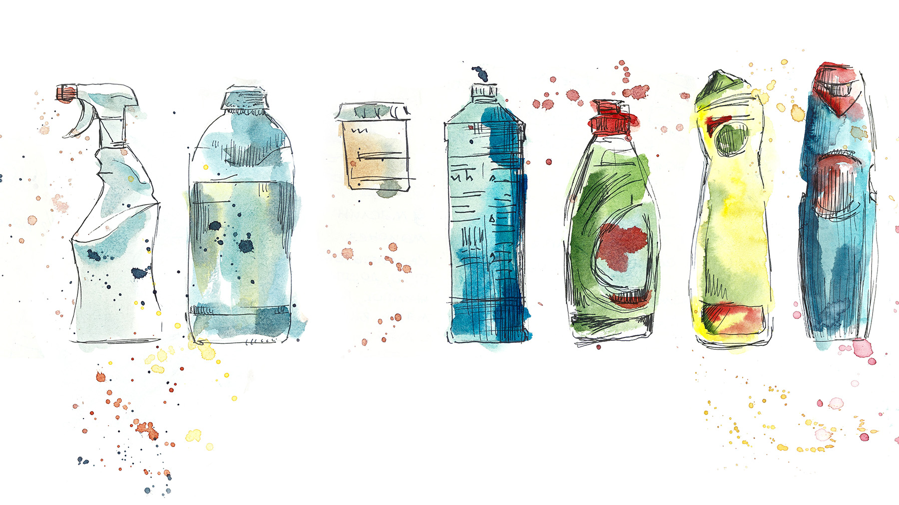 Different bottles. Household chemicals. Watercolor hand drawn il
