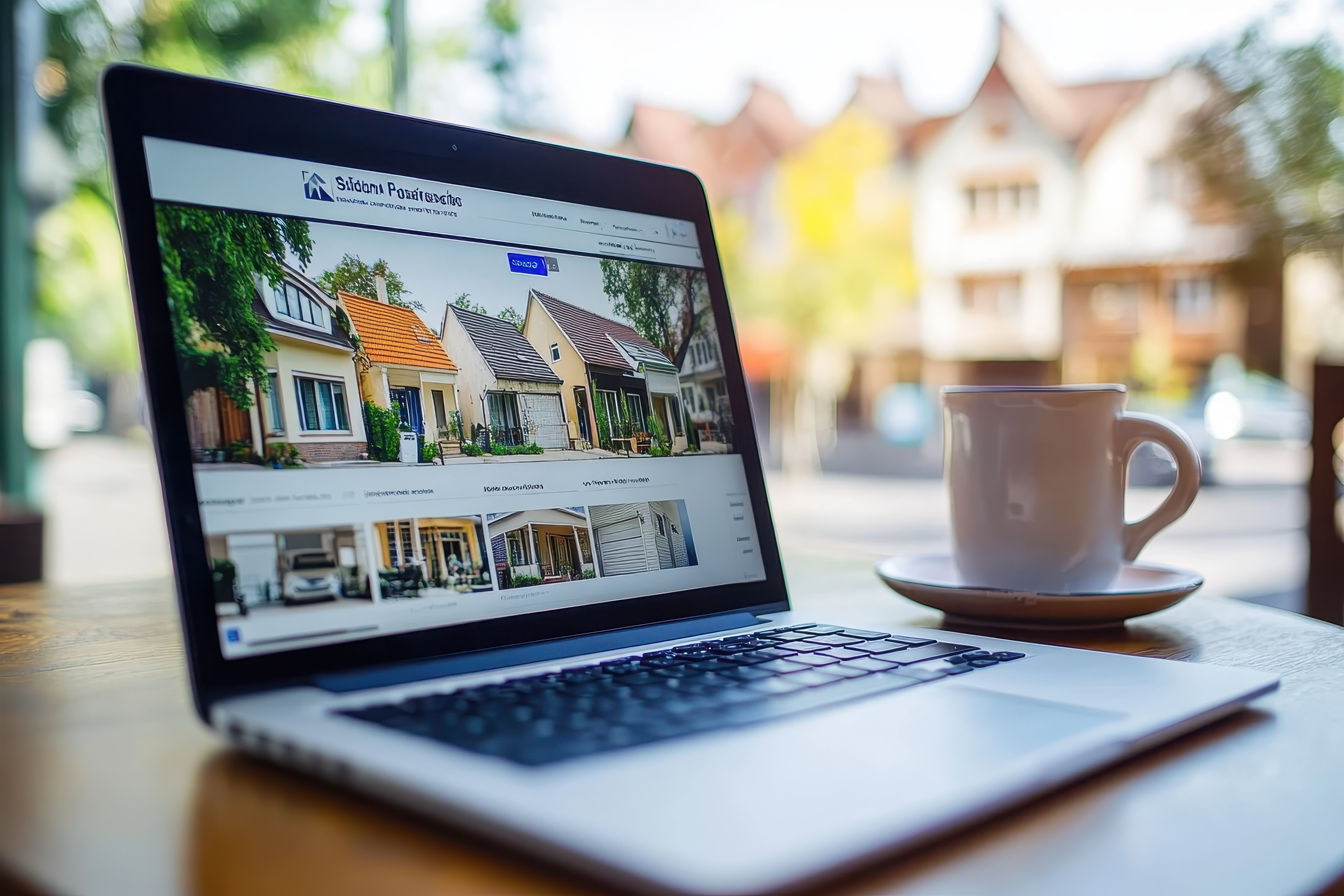 A laptop displaying a real estate website beside a coffee cup on a wooden table outdoors.