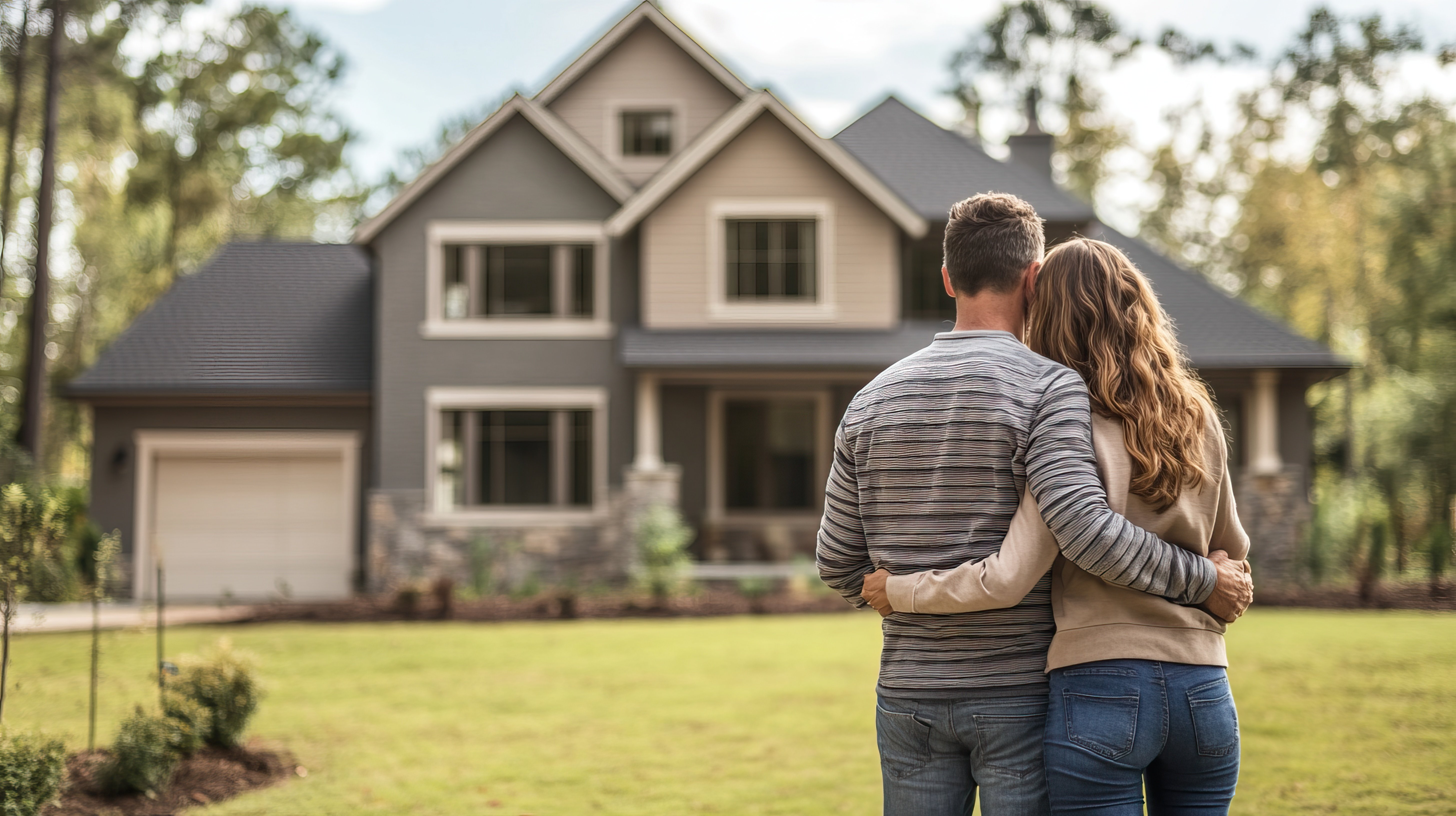 Couple standing together in front of their beautiful home, embracing in a peaceful outdoor setting.