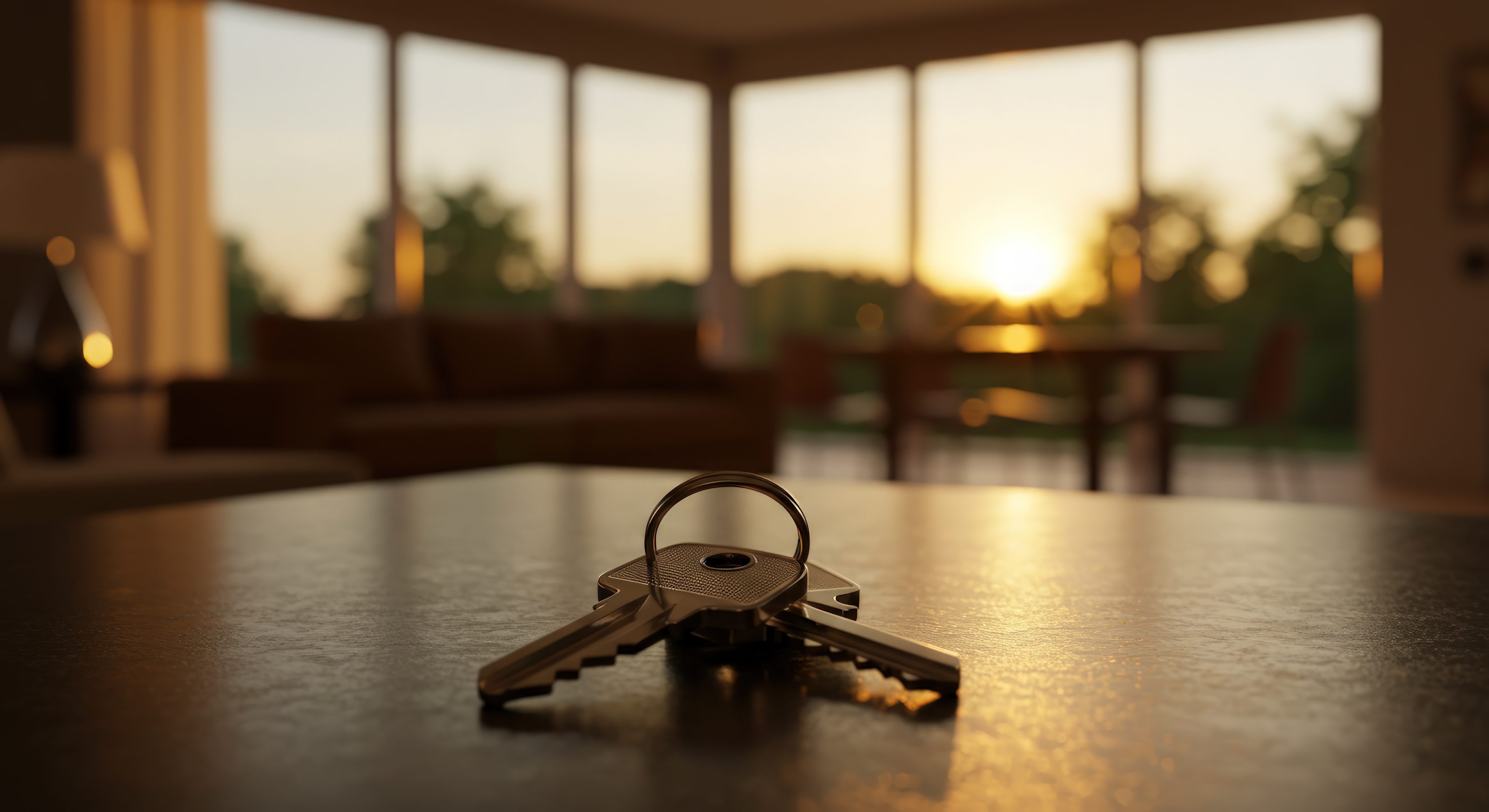 House key on table with interior view at sunset