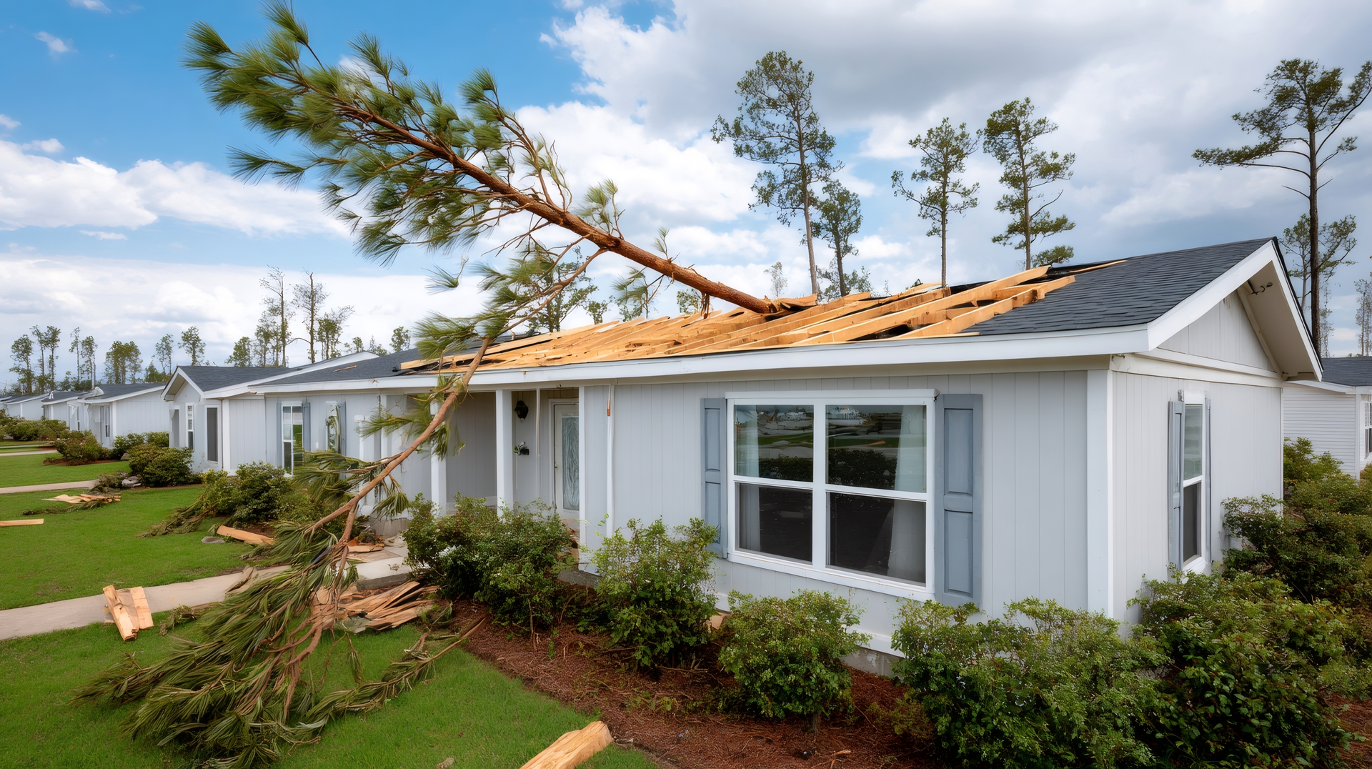 Fallen tree on damaged house roof after storm
