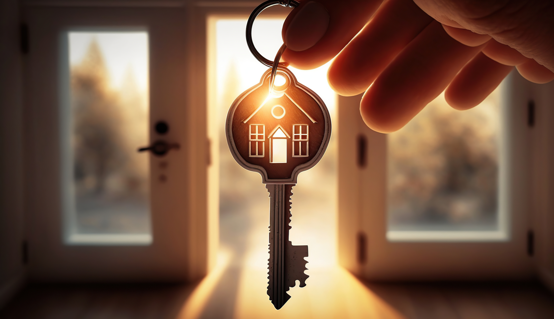 Key with keychain in a house shape in the door keyhole. Buy new home concept. Real estate market, Generative Ai