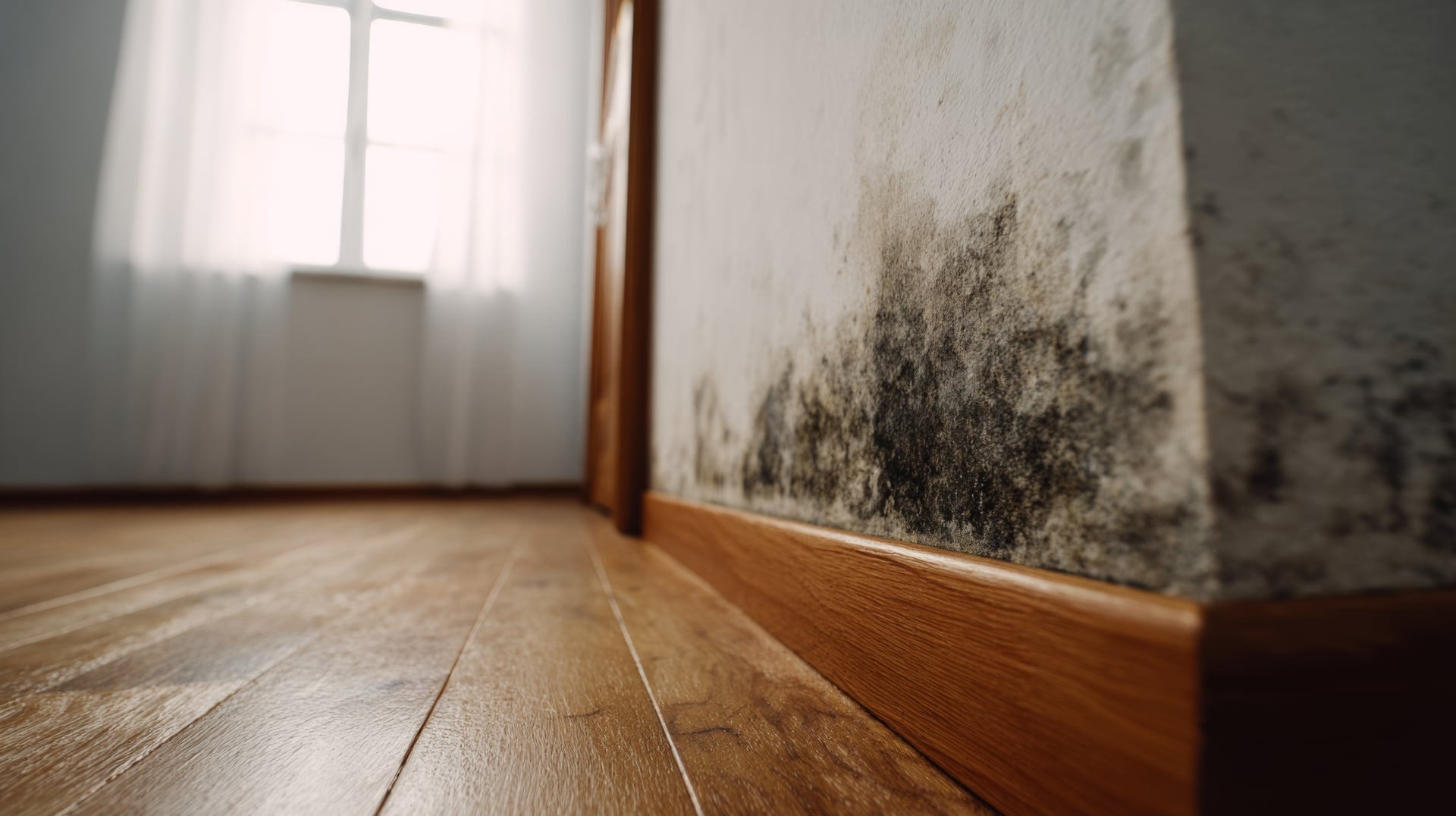 A close-up of mold growing on a wall in an indoor setting with wooden flooring and soft natural light filtering through the window.