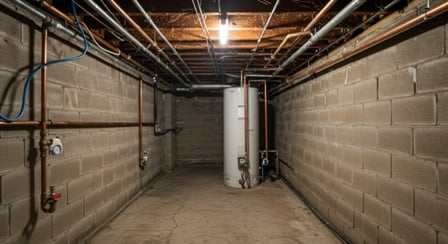 Basement interior with water heater and concrete block walls