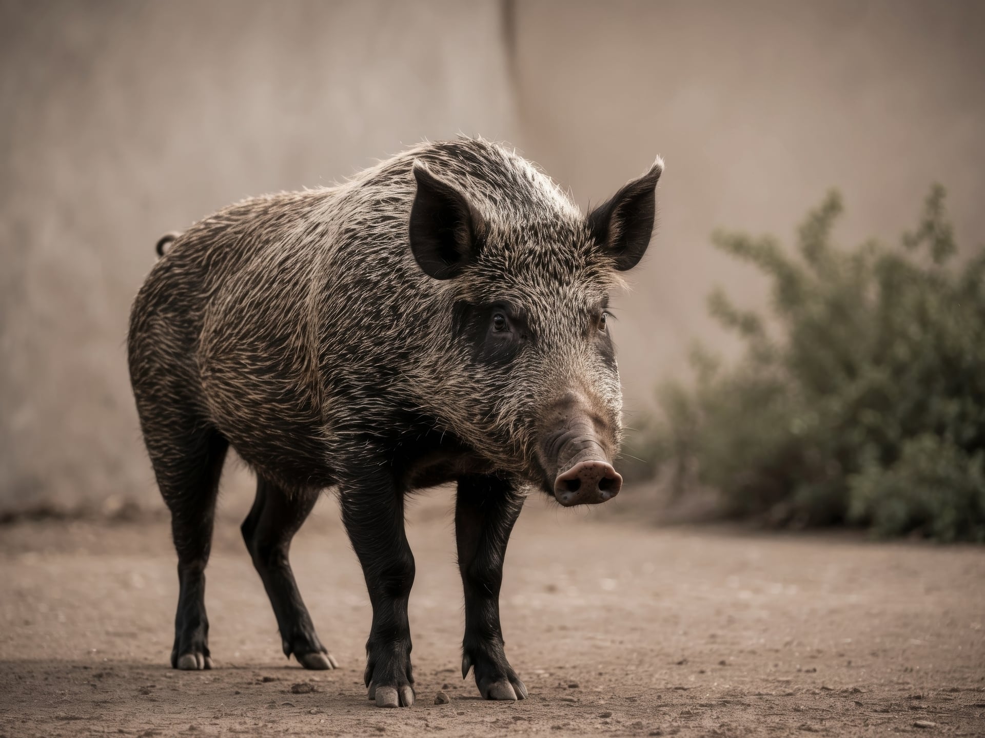 Wild Boar Standing in Alert Stance in Rugged Fur.