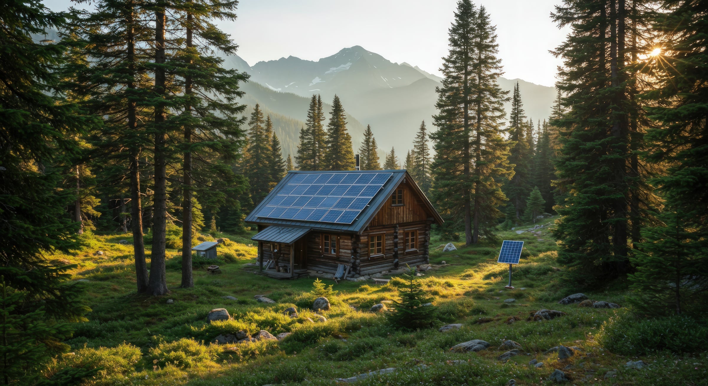 Cabin with solar panels in forest setting