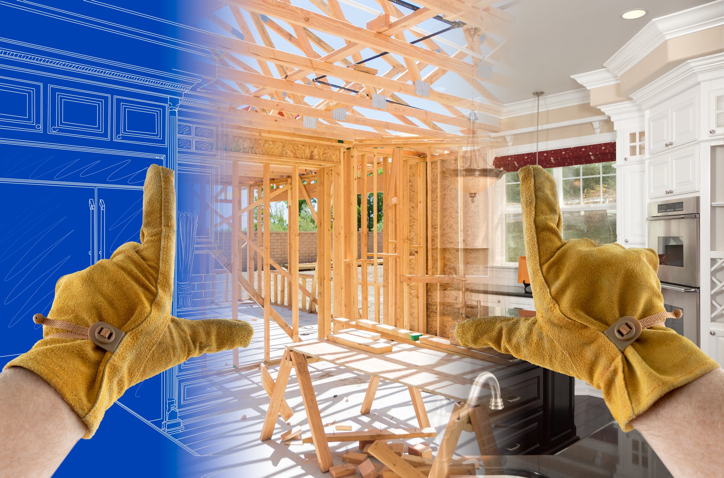 Framing Hands With Gloves Over Kitchen Drawing, Construction Framing and Finished Build.