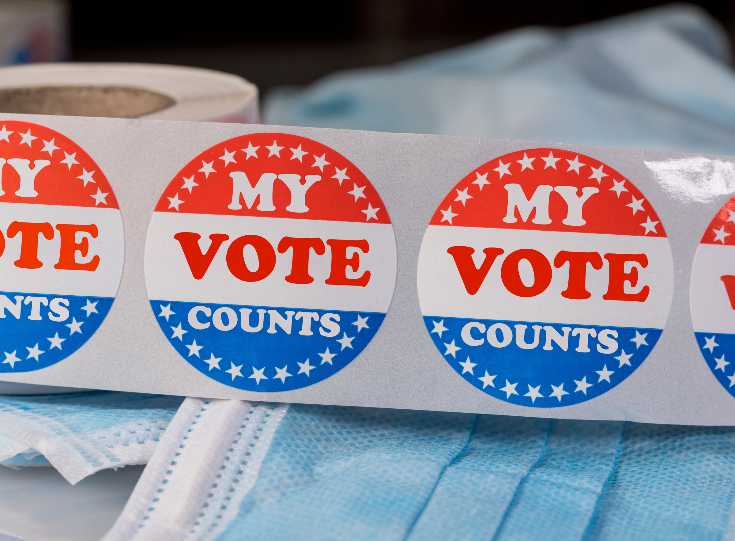 My vote counts paper sticker on medical face mask to illustrate election dispute