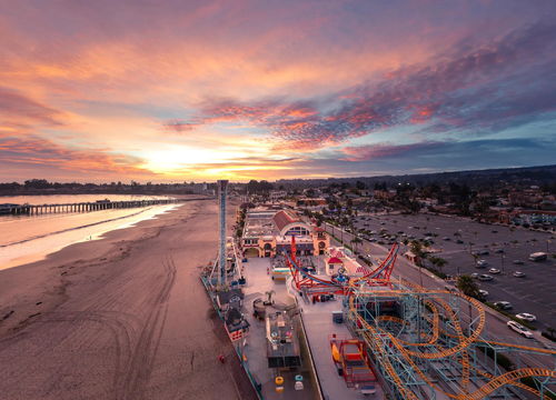 Santa Cruz Boardwalk Aerial View at Sunset, California