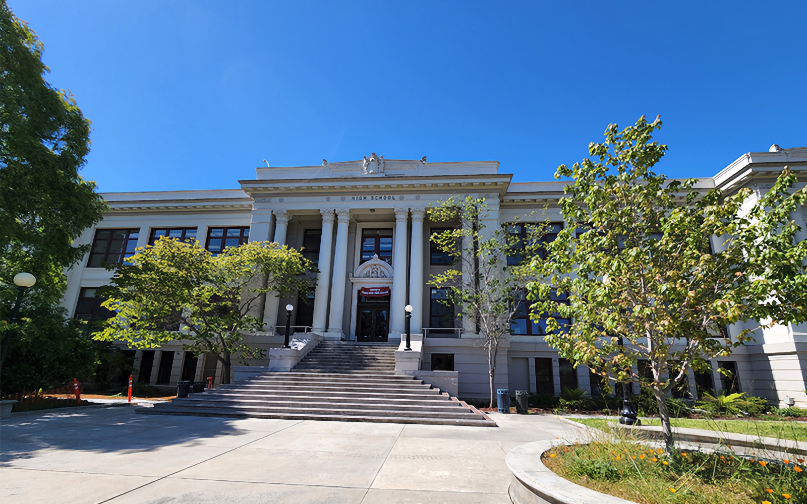 Historic Santa Cruz High School building with columns