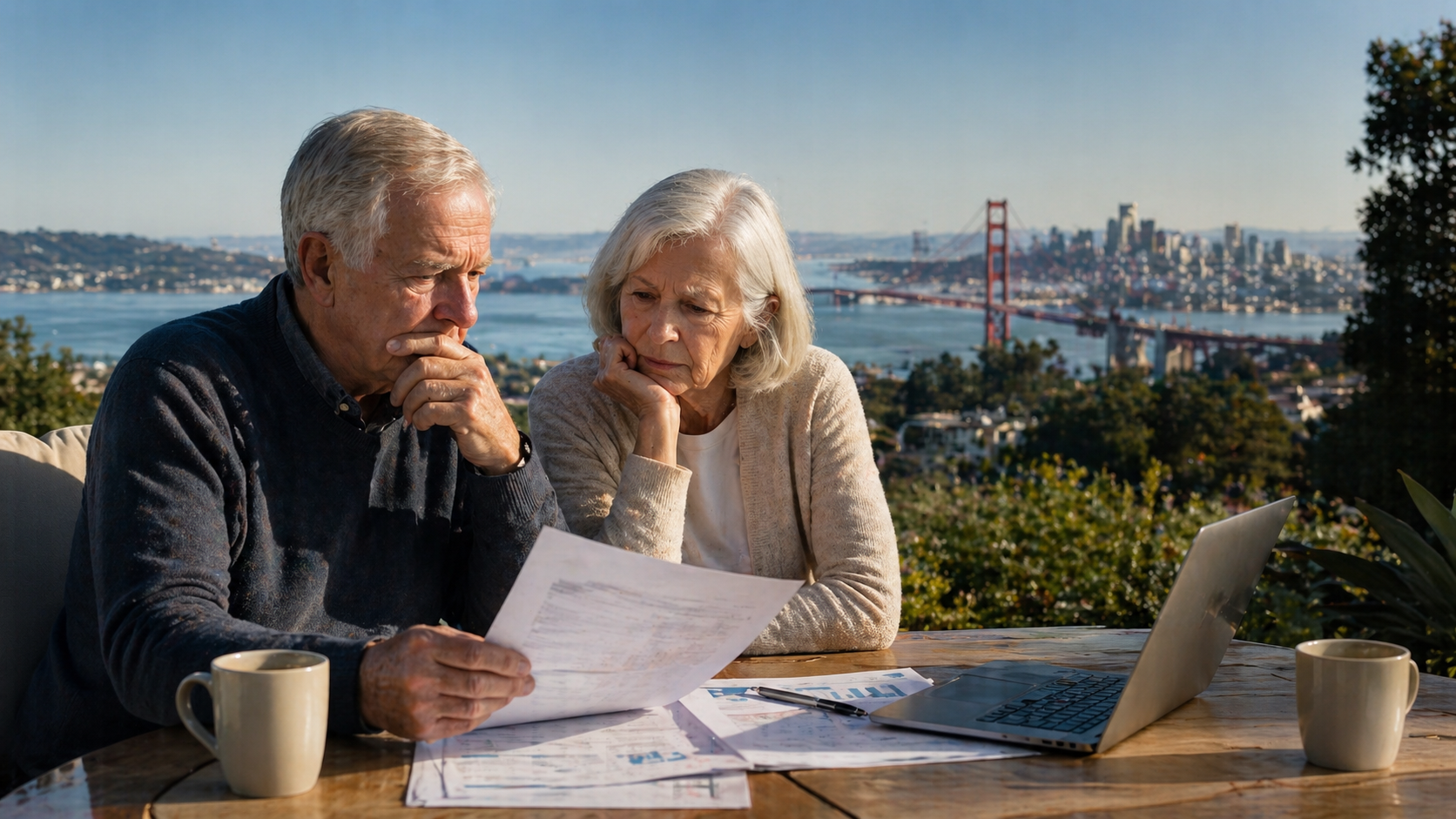 Retired couple at a table with a Bay Area water view deciding whether to sell or rent their home