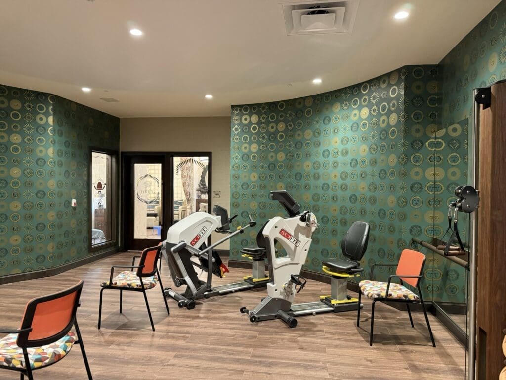Two SciFit recumbent cross-trainer machines and a cable station in the exercise room at Aegis Living San Rafael